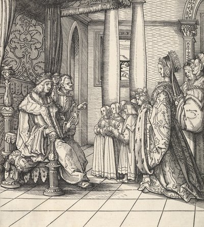 Biały król przyjmujący swoją córkę Małgorzatę i dzieci króla Filipa, z Der Weisskunig, 1514-16 autorstwa Hans Burgkmair