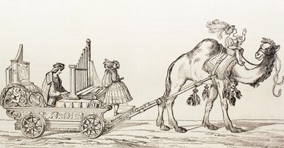 Organista Paul Hofhaimer grający w powozie ciągniętym przez wielbłąda z „El Mundo Ilustrado”, wydanego w Barcelonie, 1880 r. autorstwa Hans Burgkmair