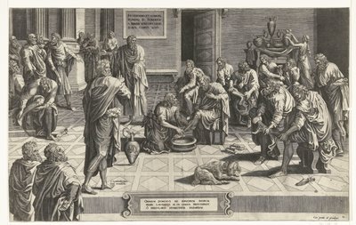 Chrystus wasst de voeten van de discipelen Pan wszystkich pada na kolana, aby umyć nogi swoim sługom, przykład szczególnej pokory (tytuł na przedmiocie) autorstwa Hans Collaert (I) (attributed to)