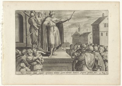 Rechabeam antwoordt het volk Geschiedenis van Jeroboam en Rechabeam (tytuł serii) Skarbnica świętych historii Starego Testamentu (...) (tytuł serii) autorstwa Hans Collaert (I) (attributed to)