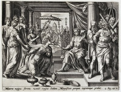 Salomo ontangt de koningin van Seba Geschiedenis van Salomo (tytuł serii) Historia króla Salomona (...) (tytuł serii) Skarb świętej historii starego testamentu, wybrany najdoskonalszymi obrazami wyrażonymi w tej sztuce autorstwa Hans Collaert (I) (attributed to)