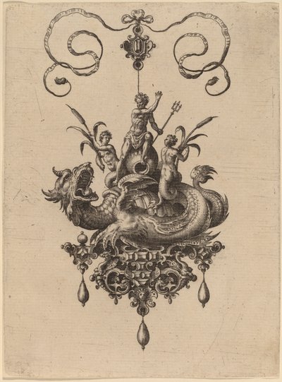 Projekt wisiorka z potworem morskim niosącym Neptuna otoczonym przez dwie nereidy autorstwa Hans Collaert the Elder