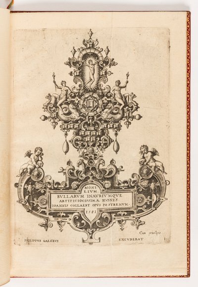 Płyta 1, strona tytułowa z dziesięciu suit, zatytułowana Monilium Bullarum Inauriumque Artificocissimae Icones, Ioannis Collaert Opus Postremum (Wzory naszyjników, wisiorków i kolczyków o najwyższych umiejętnościach, ostatnie dzieło Joannisa Collaerta) autorstwa Hans Collaert the Elder
