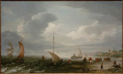 Plaża w Egmond an Zee z rybakami rozładowującymi swój połów autorstwa Hans Goderis