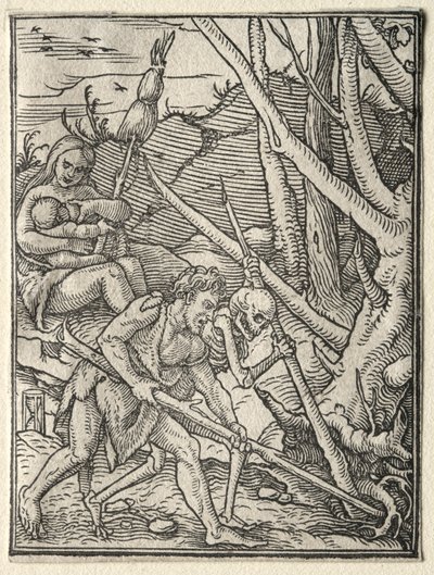 Taniec śmierci: Adam uprawiający ziemię. autorstwa Hans Holbein