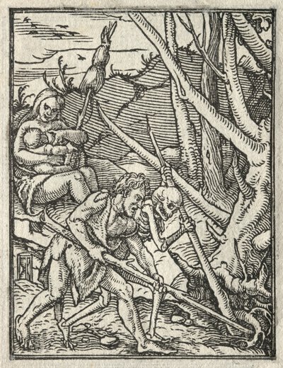 Taniec śmierci: Wypędzenie z raju; Adam uprawia ziemię autorstwa Hans Holbein