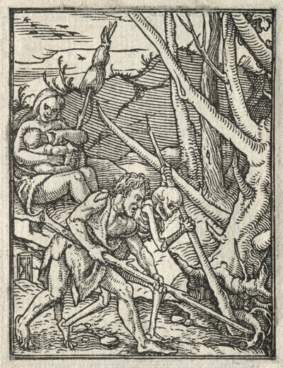 Taniec śmierci: Wypędzenie z raju, Adam kultywujący ziemię. autorstwa Hans Holbein