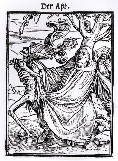 مرګ او ایبټ، د "مرګ نڅا" څخه، د هانس لوتزلبرګر لخوا نقاش شوی، c.1538 پولی autorstwa Hans Holbein der Jüngere