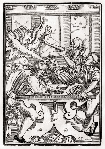 Śmierć i diabeł przychodzą po gracza w karty, grawerowane przez Georga Scharffenberga, z „Der Todten Tanz”, opublikowanej w Bazylei, 1843 autorstwa Hans Holbein der Jüngere