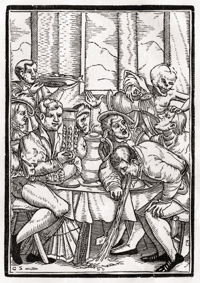 Śmierć przychodzi po pijaka, rytowany przez Georga Scharffenberga, z „Der Todten Tanz”, opublikowanej w Bazylei, 1843 autorstwa Hans Holbein der Jüngere