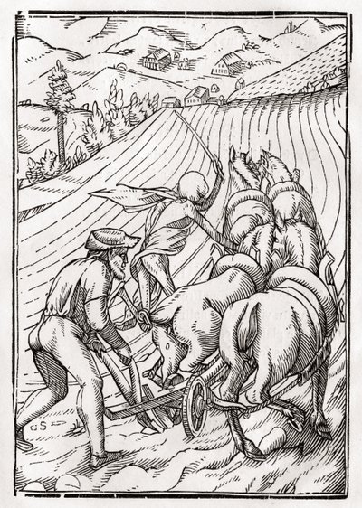 Śmierć przychodzi dla Rolnika lub Rolnika, rytowany przez Georga Scharffenberga, z „Der Todten Tanz”, wydanej w Bazylei, 1843 autorstwa Hans Holbein der Jüngere