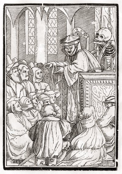 Śmierć przychodzi po Kaznodzieję, rytowany przez Georga Scharffenberga, z „Der Todten Tanz”, wyd. Bazylea, 1843 autorstwa Hans Holbein der Jüngere
