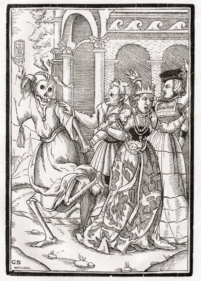Śmierć nadchodzi dla królowej, rytowany przez Georga Scharffenberga, z „Der Todten Tanz”, wydanego w Bazylei, 1843 autorstwa Hans Holbein der Jüngere