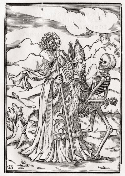Śmierć przychodzi do biskupa, rytowany przez Georga Scharffenberga, z „Der Todten Tanz”, opublikowanej Bazylea, 1843 autorstwa Hans Holbein der Jüngere