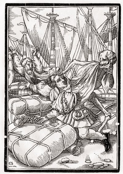 Śmierć przychodzi do kupca, rytowany przez Georga Scharffenberga, z „Der Todten Tanz”, wyd. Bazylea, 1843 autorstwa Hans Holbein der Jüngere