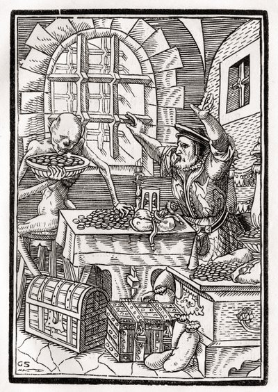 Śmierć przychodzi do skąpca lub lichwiarza, rytowany przez Georga Scharffenberga, z „Der Todten Tanz”, wyd. Bazylea, 1843 autorstwa Hans Holbein der Jüngere