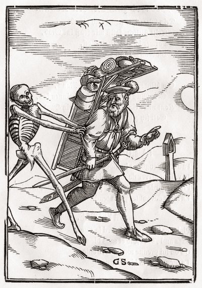 Śmierć przychodzi do Pedlara, rytowany przez Georga Scharffenberga, z „Der Todten Tanz”, opublikowanej w Bazylei, 1843 autorstwa Hans Holbein der Jüngere