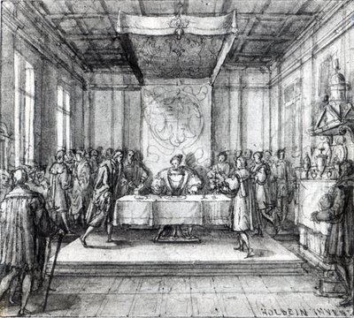Henryk VIII w swojej komnacie prywatnej (pióro, tusz i wash na papierze) autorstwa Hans Holbein der Jüngere