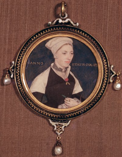 Miniaturowy portret Jane Small, dawniej pani Robert Pemberton, ok. 1540 (wc na welinie osadzony na karcie do gry) autorstwa Hans Holbein der Jüngere