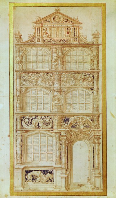 Propozycja elewacji trzypiętrowego domu i szczytu (pióro i atrament na papierze) autorstwa Hans Holbein der Jüngere