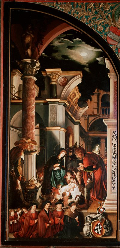 Ołtarz Oberried: „Adoracja pasterzy”” Detrempe na drewnie Hansa Holbeina Młodego (1497/8-1543) 1521-1522 nd. 231x109 cm Cathedrale de Fribourg, Szwajcaria autorstwa Hans Holbein der Jüngere