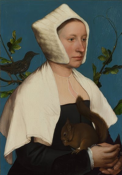 Dama z wiewiórką i szpakiem (Anne Lovell?). Około 1526-28 r. autorstwa Hans Holbein der Jüngere