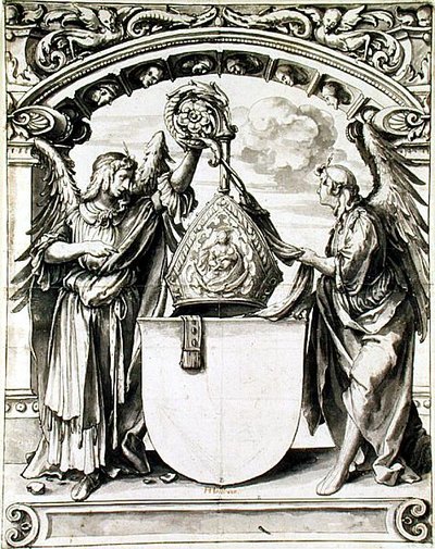 Projekt do malowania na szkle, ok. 1520 (pióro i szare lawowanie czarną kredą na papierze) autorstwa Hans Holbein der Jüngere