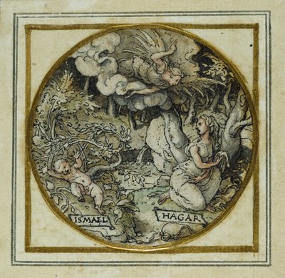 Hagar i Izmael - Projekt wisiorka lub odznaki na kapelusz, ok. 1532-43 (pióro i atrament na papierze) autorstwa Hans Holbein der Jüngere