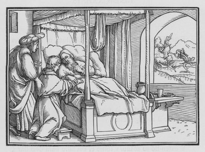 Jakub oszukuje swego Ojca i uzyskuje błogosławieństwo, Księga Rodzaju XXVII, 21 autorstwa Hans Holbein der Jüngere