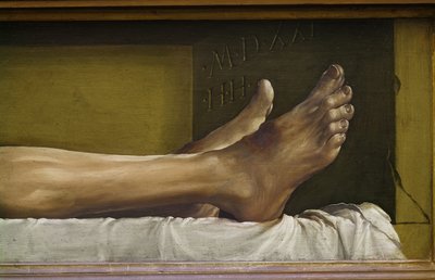 Ciało Zmarłego Chrystusa, detal stóp oraz podpis i data dzieła, 1521 tempera na drewnie lipowym autorstwa Hans Holbein der Jüngere