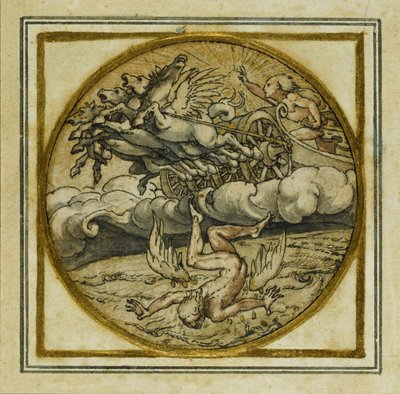 Upadek Ikara - projekt odznaki wisiorka lub kapelusza, ok. 1532-43 (pióro i atrament na papierze) autorstwa Hans Holbein der Jüngere