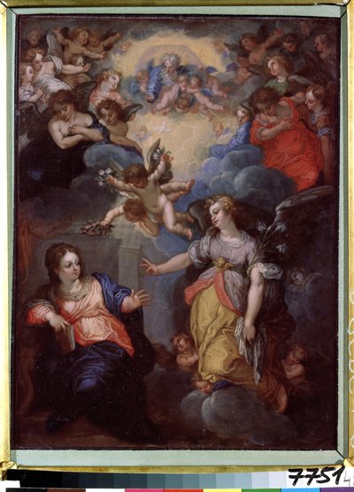 Zwiastowanie. Obraz Hansa Rottenhammera Groina (1564-1625). Olej na miedzi, 37 x 21 cm. Sztuka niemiecka, manieryzm. Państwowe Muzeum Sztuki Zagranicznej Republiki Łotewskiej, Ryga (Łotwa). autorstwa Hans I or Johann Rottenhammer