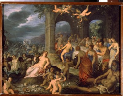 Święto bogów, ślub Peleusa i Tetydy. Po lewej bóstwa Merin (traszki i naides). W środku bogini ziemi Tellus Mater (lub Terra Mater lub Gaia) z rogiem abon autorstwa Hans I or Johann Rottenhammer