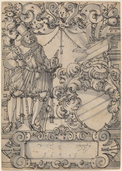 Dawca z herbem (Tarcza Towarzysz i Ukośna Tarcza Heraldyczna) autorstwa Hans Jegli II