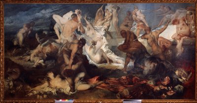 Bitwa centaurów i Lapitów lub Lafitów (Bitwa centaurów i Lapitów). W mitologii greckiej Lapithowie wymordowali centaury. Obraz Hansa Makarta (1840-1884). Olej na płótnie. Sztuka austriacka, okres secesji. Państwowe Muzeum F autorstwa Hans Makart