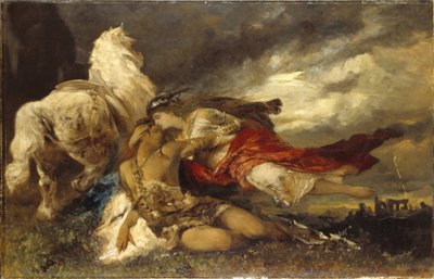 Valkyrie et un heros mourant - Walkiria i umierający bohater, autorstwa Makarta Hansa (1840-1884). Olej na płótnie. Wymiar : 130x200 cm. Muzeum Narodowe w Sztokholmie autorstwa Hans Makart