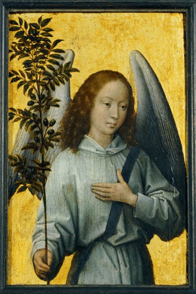 Anioł trzymający gałązkę oliwną, symbol Boskiego Pokoju ... autorstwa Hans Memling
