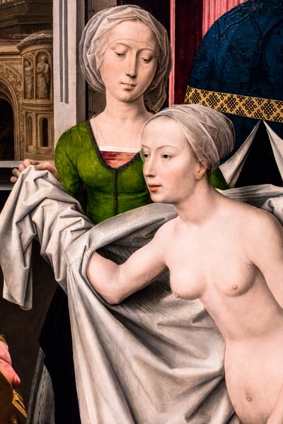 Batszeba w kąpieli, ok. 1485 (tempera i olej na drewnie (dąb)) autorstwa Hans Memling