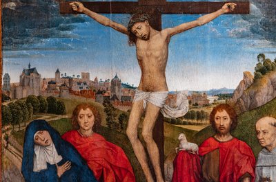 Chrystus Ukrzyżowany z Dziewicą, św. Janem Chrzcicielem i Ewangelistą, Marią Magdaleną i dwoma opatami cystersów, fragment autorstwa Hans Memling