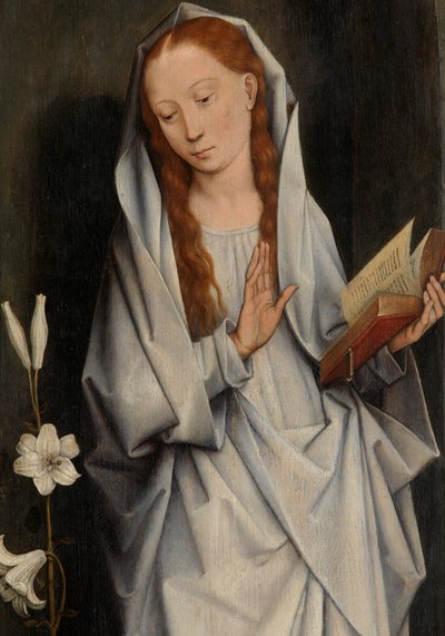 Fragment Matki Boskiej z rewersu pary skrzydeł przedstawiający Zwiastowanie (olej na desce) autorstwa Hans Memling