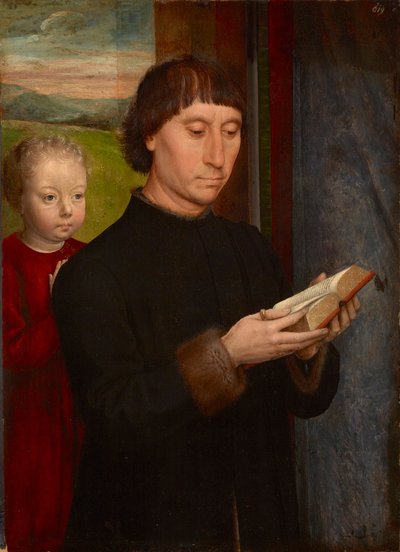 Homme en priere avec son fils defunt - Modlący się człowiek ze swoim zmarłym synem, Hans Memling (1433/40-1494). Olej na drewnie autorstwa Hans Memling
