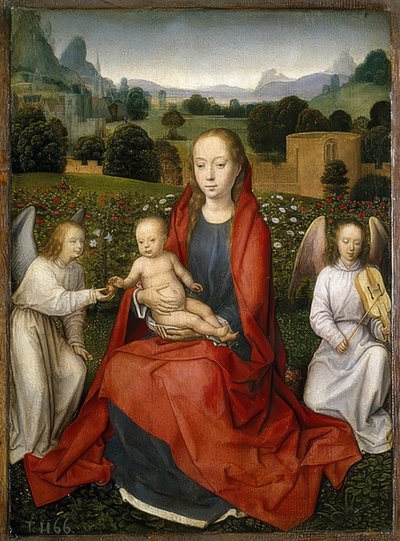 Madonna z dzieckiem i dwoma aniołkami. 1480-90 autorstwa Hans Memling