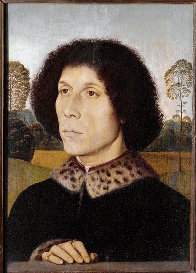 Portret nieznanego mężczyzny w pejzażu (olej na drewnie) autorstwa Hans Memling