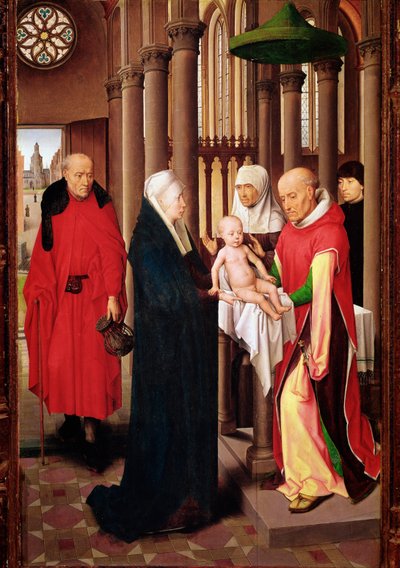 Prezentacja w świątyni. Prawy panel Tryptyku Adoracji Trzech Króli (Detrempe na drewnie, ok.1470) autorstwa Hans Memling