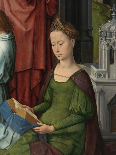 Św. Barbara, fragment centralnej płyciny Tryptyku św. Jana Chrzciciela i św. Jana Ewangelisty autorstwa Hans Memling