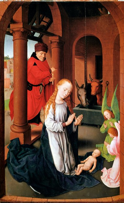 Narodzenie Chrystusa. Lewy panel Tryptyku adoracji (Detrempe na drewnie, ok.1470) autorstwa Hans Memling
