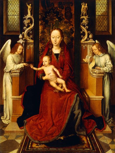 Dziewica z Dzieciątkiem na tronie z dwoma Aniołami, autorstwa Hans Memling