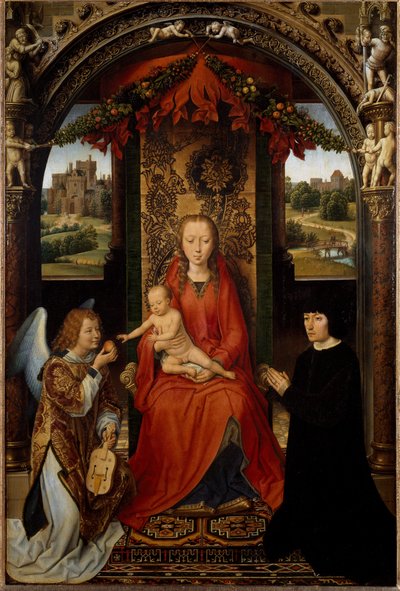 Dziewica z Dzieciątkiem z darczyńcą i aniołem muzykiem. (Malarstwo, ok.1485) autorstwa Hans Memling