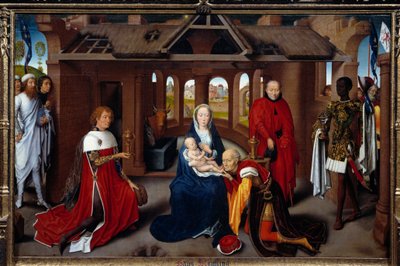 Tryptyk Adoracji Trzech Króli: panel centralny. Magowie są jak Karol Temeraire i Filip Dobry. Detrempe na drewnie autorstwa Hansa Memlinga (1433-1494). ok. 1470, niedz. 0,95x1,45 m Madryt. Muzeum Prado. - Tryptyk Adoracja Trzech Króli: cent autorstwa Hans Memling