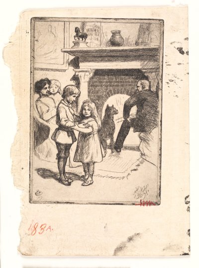 Kartka noworoczna (rodzina przy kominku) autorstwa Hans Nikolaj Hansen